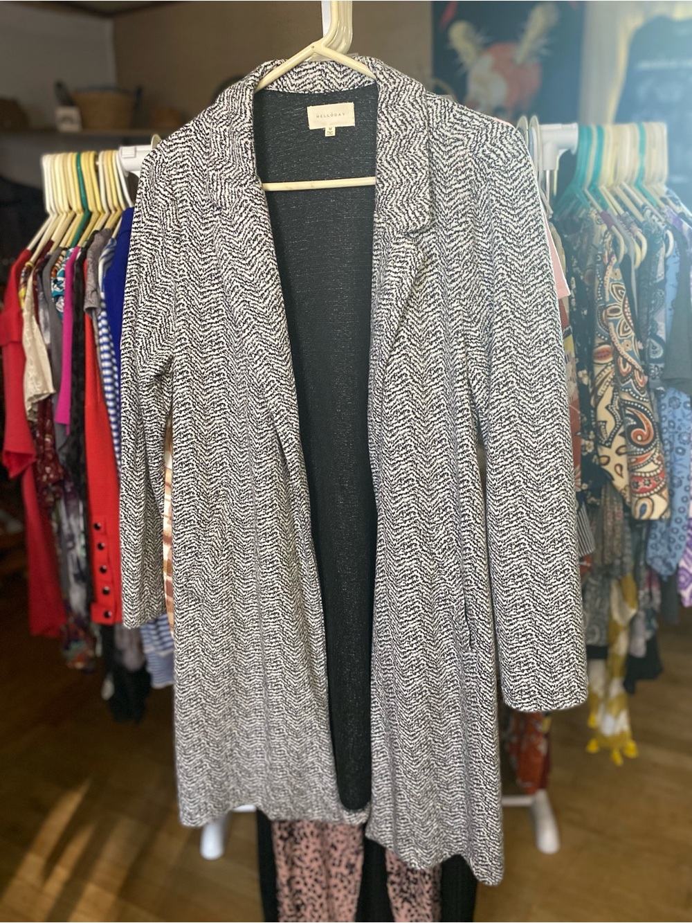 MELLODAY Black and White Knit Open-Front Blazer Style Cardigan - Midi